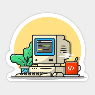 Old Computer Desktop with Coffee and Plant Cartoon Vector Icon Illustration Sticker